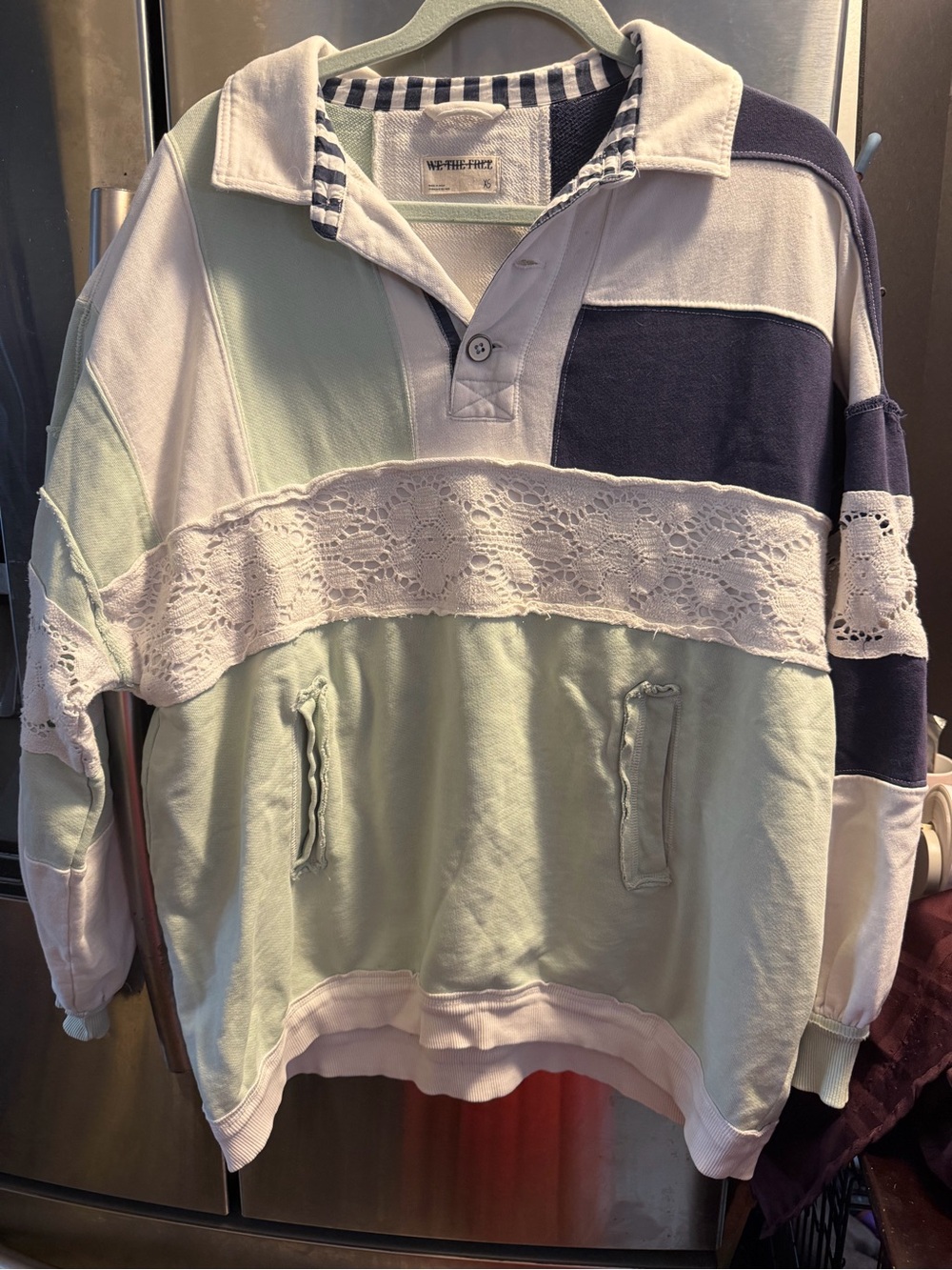 We The Free Mint Green White Navy Lace-Trim Pullover